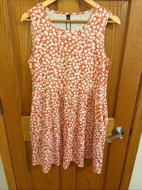 NCLOOK Coral Floral Tiered Sleeveless V-Neck Babydoll Sundress with Pockets Sz M